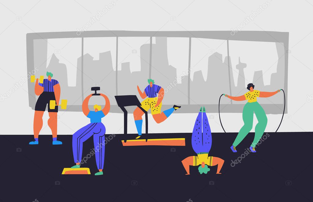 Working out in gym hand drawn vector illustration