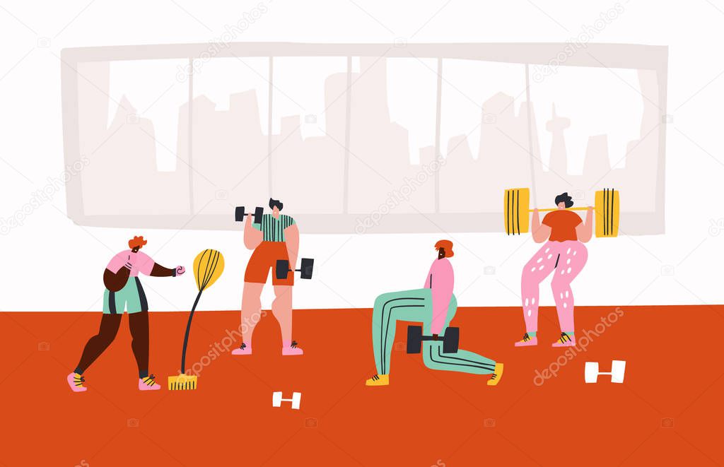 Workout in gym hand drawn vector illustration
