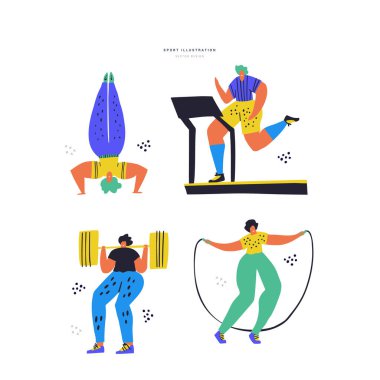 Fitness eğitim el çizilmiş renk illüstrasyon seti