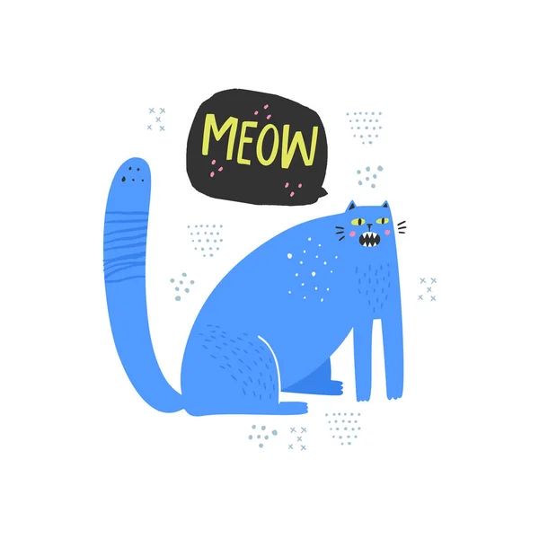 Azul gato meowing mão plana caráter desenhado — Vetor de Stock