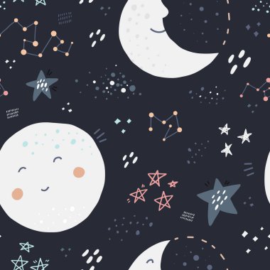 Gece gökyüzü el çizilmiş renk dikişsiz desen