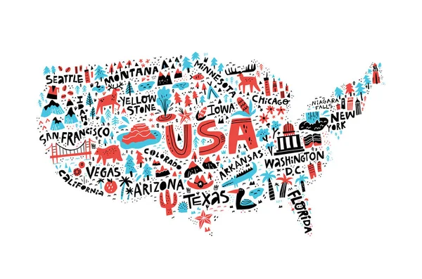 USA map flat hand drawn vector illustration. American states names lettering and cartoon landmarks, tourist attractions cliparts. US travel, trip comic infographic poster, banner concept design — Stock Vector