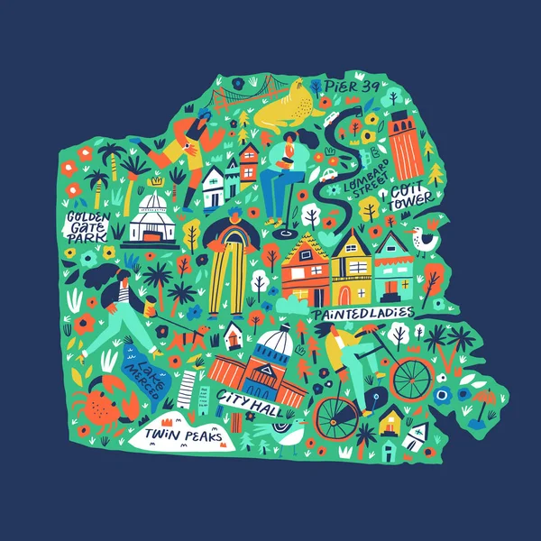 Infografica San Francisco mappa verde disegno a mano piatta vettoriale illustrazione. California architettura della città, punti di riferimento turistici itinerari parti del fumetto. Stati Uniti stato luoghi famosi disegni doodle — Vettoriale Stock