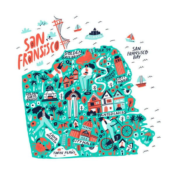 San Francisco kreative Reisekarte flache, handgezeichnete Illustration. Amerikanische Sehenswürdigkeiten und berühmte Orte tragen Schriftzüge und Doodle-Zeichnungen. USA Tourismus Plakat Cartoon-Konzept — Stockvektor
