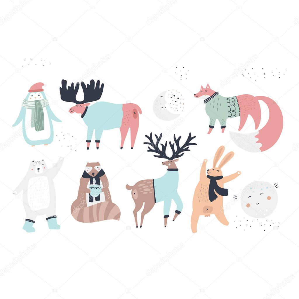 Woodland animals flat vector characters set