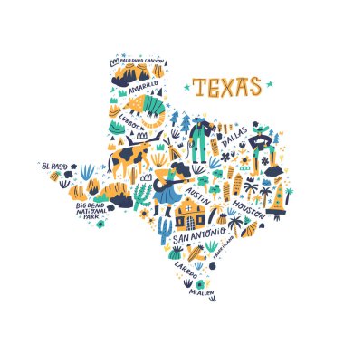 Texas karikatür harita vektör illüstrasyon. Batı Amerika devlet şehirleri, simgesel yerler, turistik ve güzergahisimleri doodle çizimleri. ABD seyahat infografik afiş, afiş düz el çizilmiş tasarım