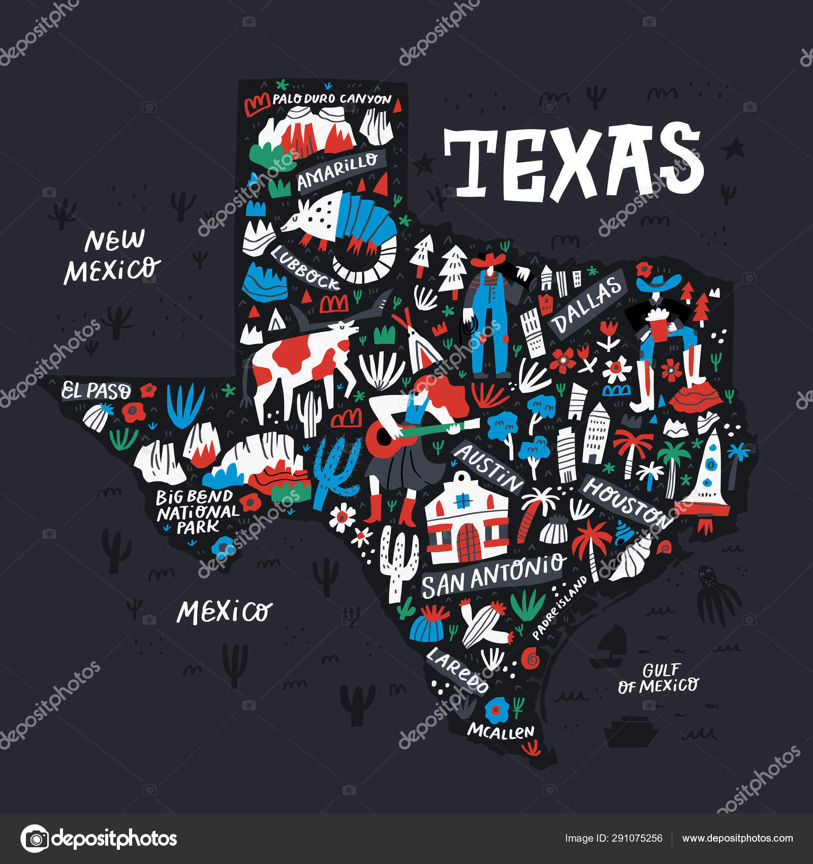 Texas black map flat hand drawn vector illustration. Wild west culture