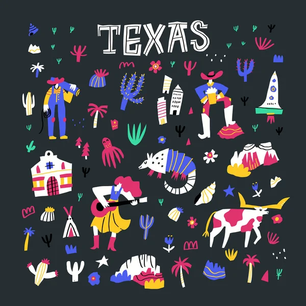 Texas képregény lapos kézzel rajzolt vektor illusztrációk meg. Vadnyugat karikatúra attribútumok elszigetelt sötét háttér. Nyugat-amerikai kultúra. Cactuses, cowboy, állatok, ország Doodle rajzok csomag — Stock Vector