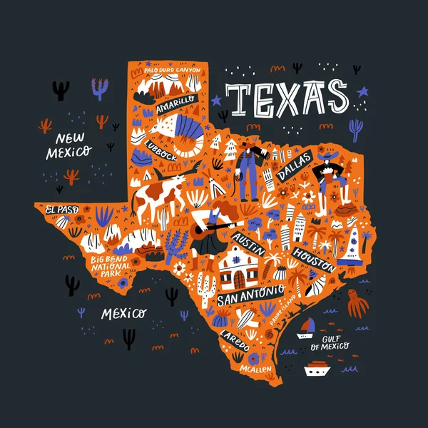 Mapa laranja do Texas ilustração vetorial desenhada à mão plana. Desenho de rabiscos infográficos do estado americano ocidental. Marcos do Texas, atrações e guia de cidades. EUA viagem cartão postal, design de conceito de cartaz —  Vetores de Stock