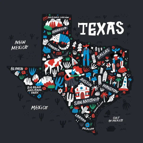 Texas mapa negro plano ilustración vectorial dibujado a mano. Infografía de la cultura del oeste salvaje. Lugares de interés del estado de América Occidental, ciudades, rutas turísticas dibujando garabatos. EE.UU. tarjeta postal de viaje, el concepto de cartel — Vector de stock