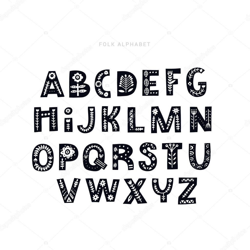 Alphabet hand drawn letters in folk style