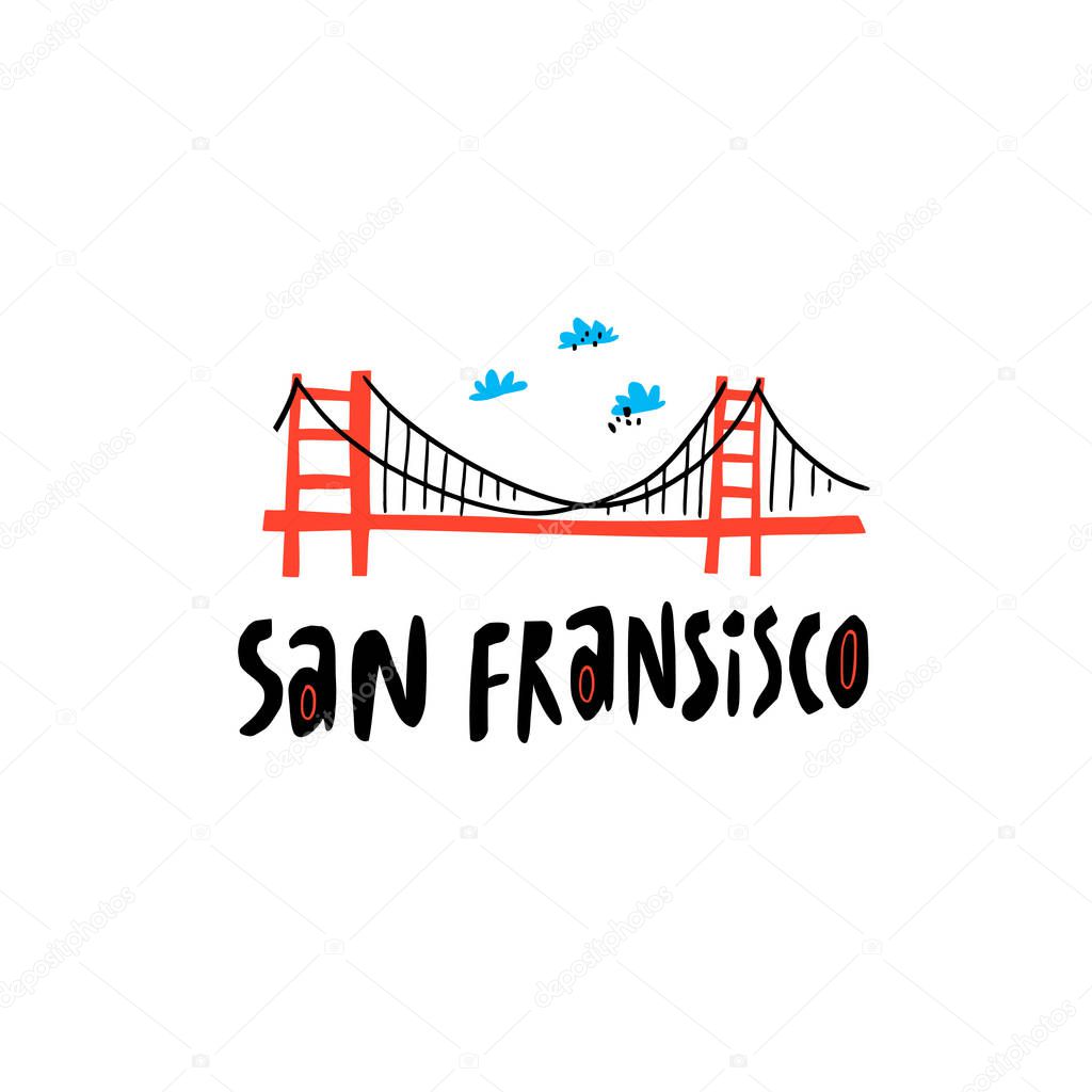 San Francisco red bridge flat hand drawn illustration