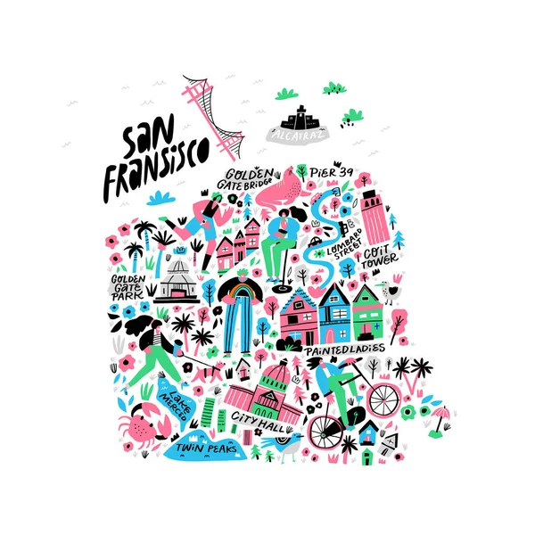 San Francisco city cartoon map vector illustration — Stock Vector