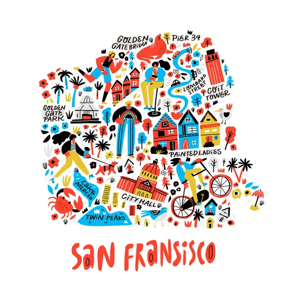 San Francisco fumetto mappa piatto mano disegnato vettoriale illustrazione — Vettoriale Stock