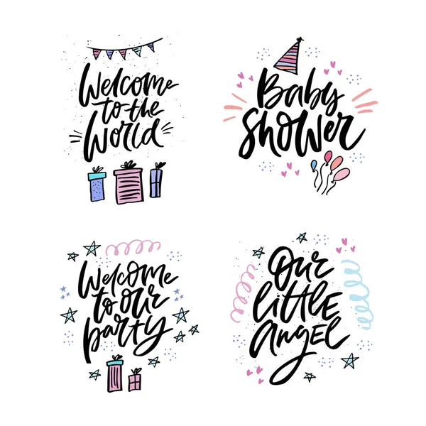 Baby shower vector lettering set menarik quote ink - Stok Vektor