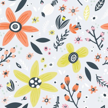 Çiçekli karikatür el, klasik, dikişsiz desen.