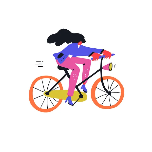 Mujer montando bicicleta mano plana — Vector de stock