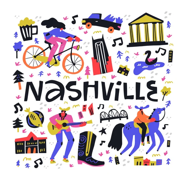 Nashville lettering with hand drawn — Stock Vector