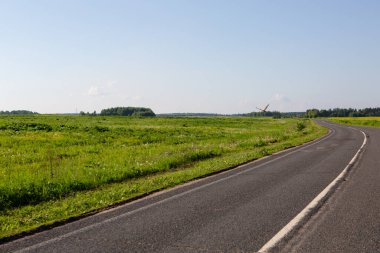 Asfalt bir yol ve uçan bir kuşla dolu bir tarla.