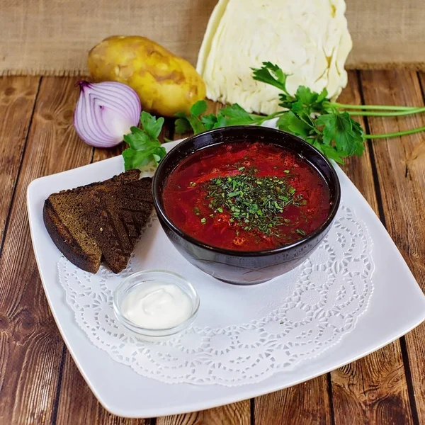 Soep Borsch Met Zwart Brood — Stockfoto