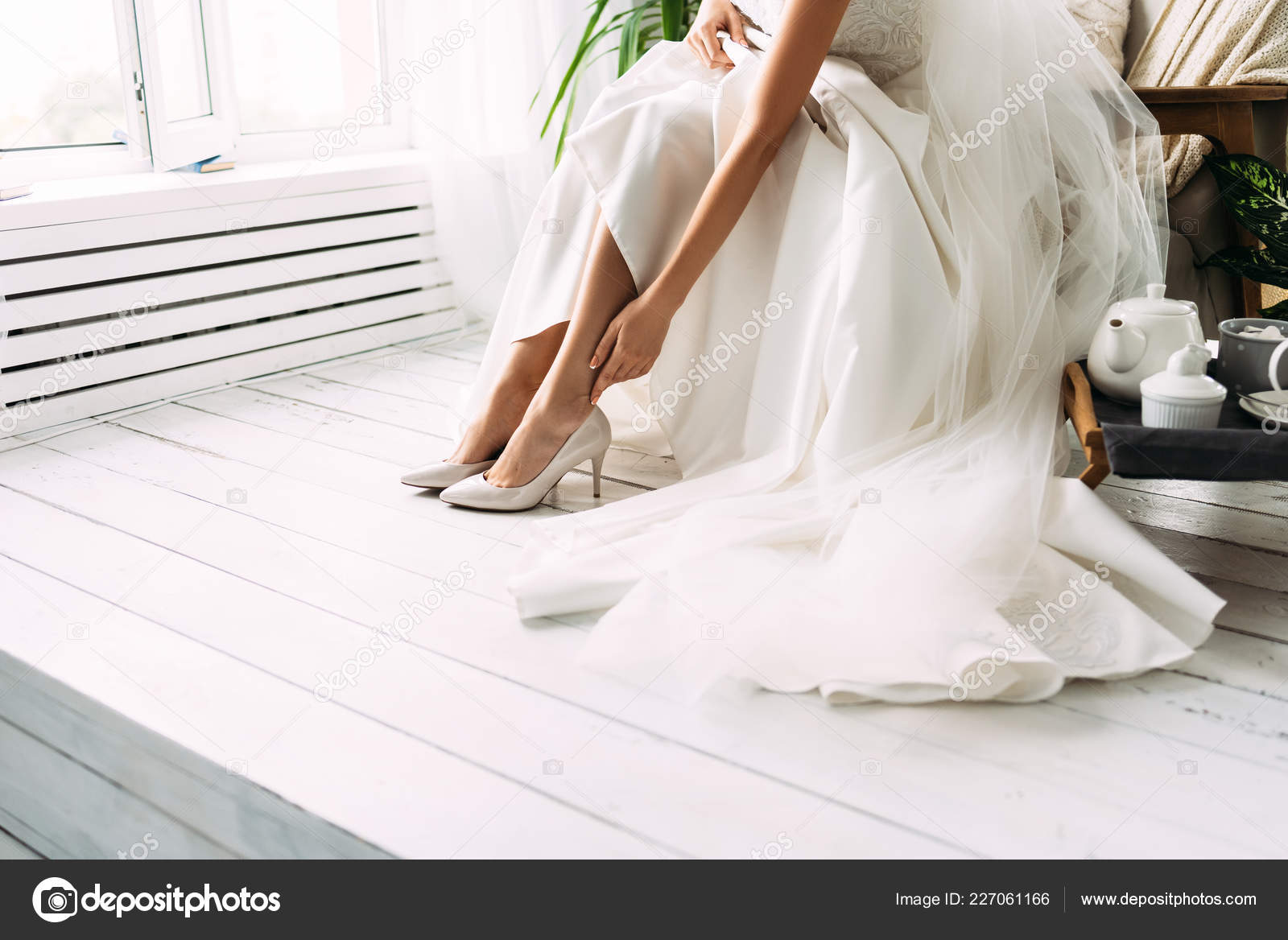 Bride Dresses Shoes Wedding Ceremony Charges Bride Closeup Detail