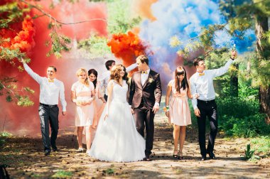 Düğün Konuklar. Gelin ve damat düğün töreninde öpüşme. Komik düğün konukları. Gelin, damat ve Konuklar açık havada. Düğün günü. Fotoğraf oturumu