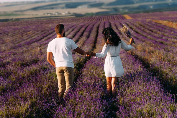Loving couple holding hands on lavender fields. Happy couple on flower fields rear view. Man and woman traveling. Couple at sunset. Honeymoon trip. Beautiful couple at sunset among the flowers