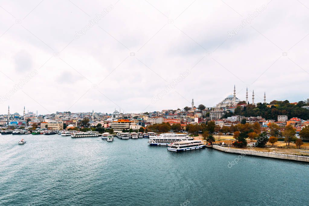 City Istanbul. Istanbul daytime landscape. View of the city. Galata Tower, Galata Bridge, Karakoy district and Golden Horn at daytime.