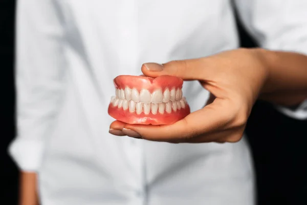 The dentist is holding dentures in his hands. Dental prosthesis in the hands of the doctor close-up. Front view of complete denture. Dentistry conceptual photo. Prosthetic dentistry. False teeth