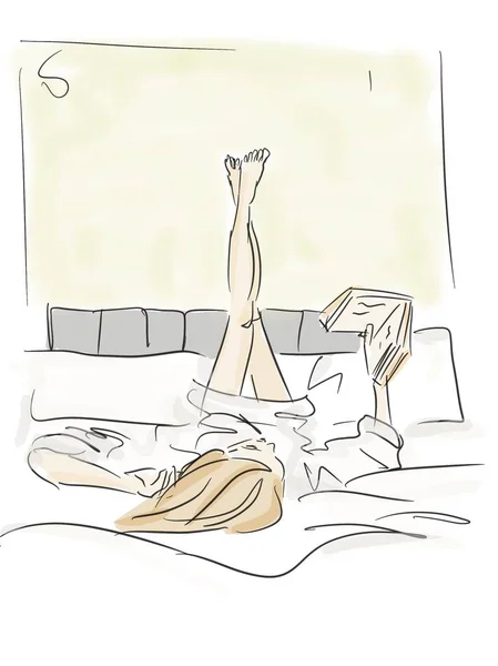 Young woman reading book on bed at home. sketch illustration