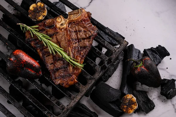 Barbeque Steak Black Slate Board Meat Fork Grill Coals Next — Stock Photo, Image