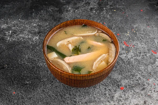 Japanese Cuisine - Miso Soup with Salmon, Seaweed and Tofu — Stock Image Japanese Cuisine Miso Soup Salmon Seaweed Tofu Stock Photo
