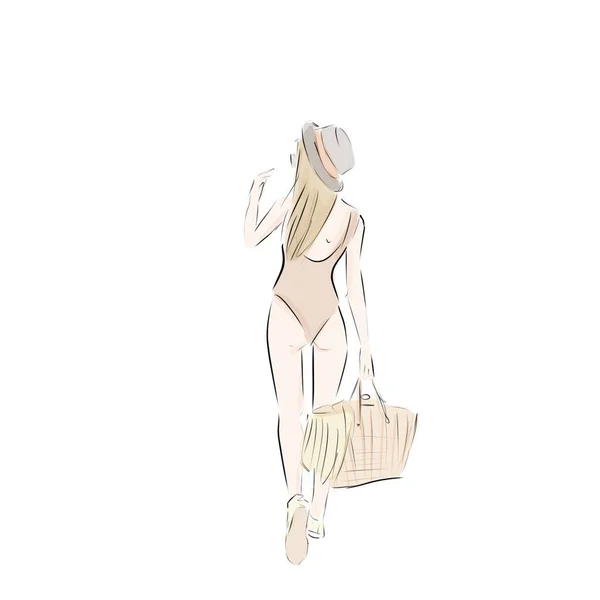 Mayo Giymiş Güzel Bir Turist Kız Elinde Hasır Bir Çanta — Stok fotoğraf