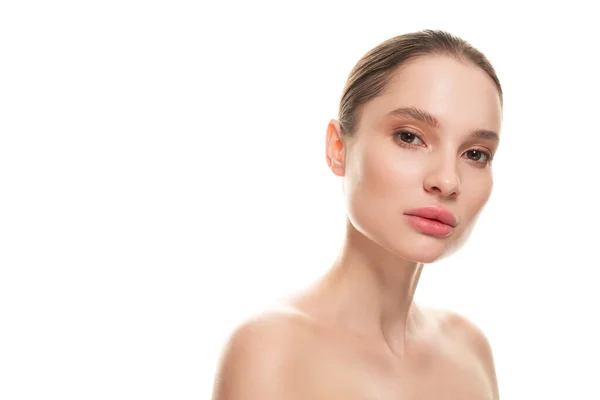 Mulher Beleza Rosto Retrato Isolado Branco Com Pele Saudável — Fotografia de Stock