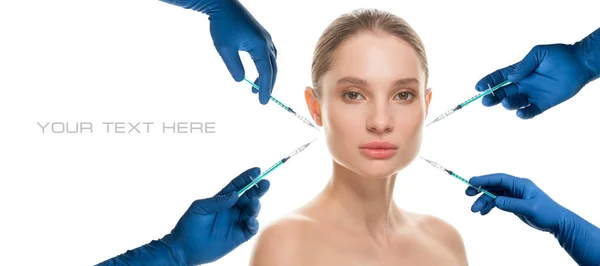 Beautiful Woman Face Beautician Hands Syringe Makes Cosmetic Injection Upper — Stock Photo, Image