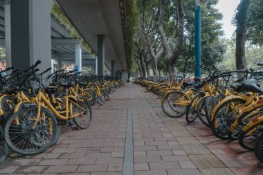Sarı bisikletler sokağa park edilmiş.