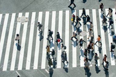 Yaya geçidinde insanların olduğu cadde manzarası