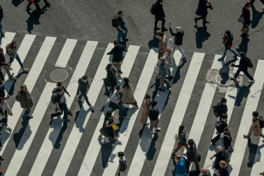 Yaya geçidinde insanların olduğu cadde manzarası