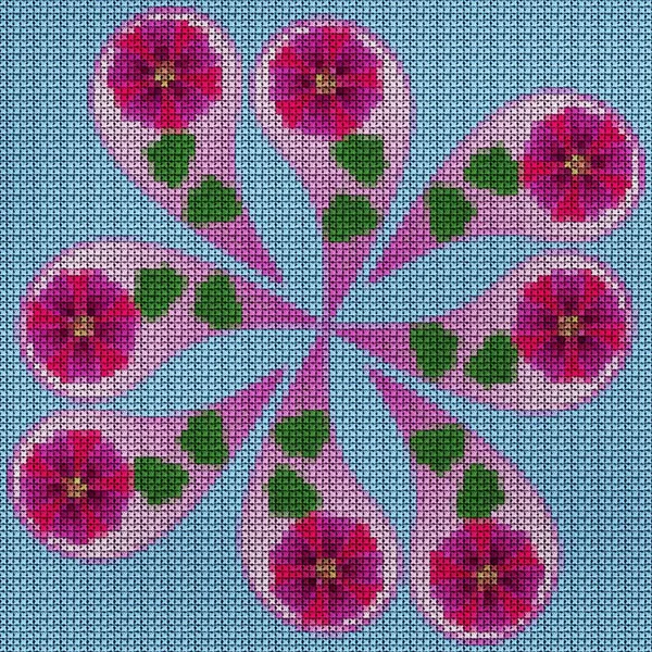 Illustration cross-stitch mandala from dried pressed flowers. Cross-stitch floral collage. Mandala - symbol of meditation, Buddhism, Hinduism, yoga. Geometric drawing made by plants in oriental style