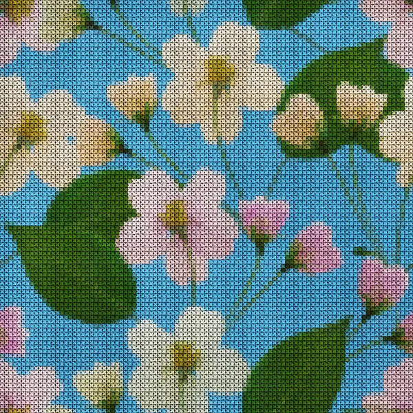 Illustration. Cross-stitch. Apple flowers. Texture of flowers. Seamless pattern for continuous replicate. Floral background, collage.