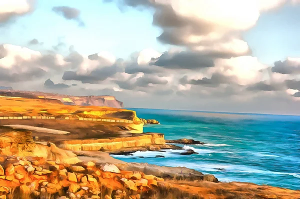 Digital painting. Drawing watercolor. Seascape, sea, sky. Rocky coastline.