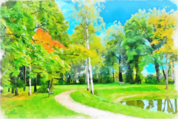 Abstract watercolor urban landscape. Autumn Park with a path around the pond or lake. Sky and trees are reflected in the water. Digital painting. Drawing watercolor.