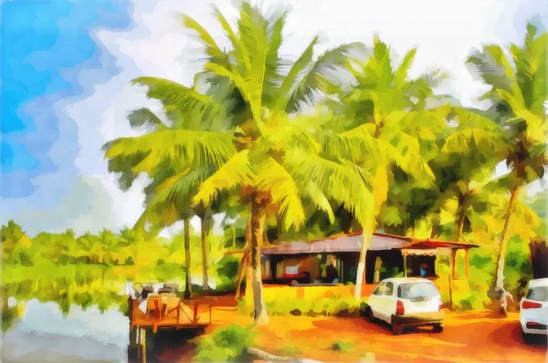 Abstract watercolor tropical coastal landscape. Exotic tourist cafe on the lake. India, the state of Goa. Digital painting - illustration. Watercolor drawing.