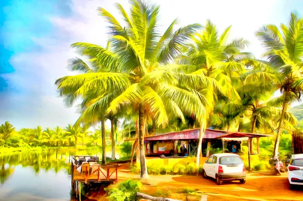 Abstract watercolor tropical coastal landscape. Exotic tourist cafe on the lake. India, the state of Goa. Digital painting - illustration. Watercolor drawing.