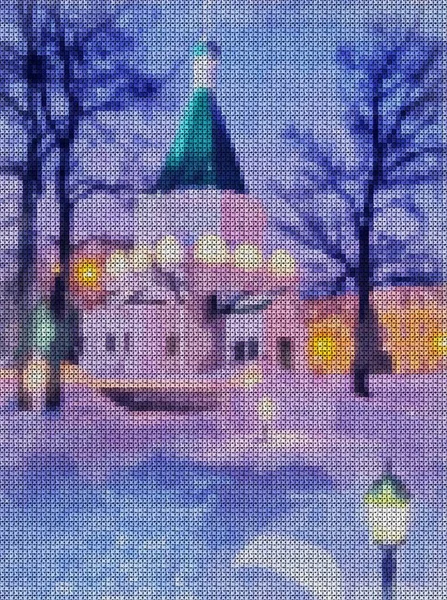 Illustration. Cross stitch. New Year. View of the nightly lit church. Fairytale night. Snowflakes are falling. Christmas motifs.