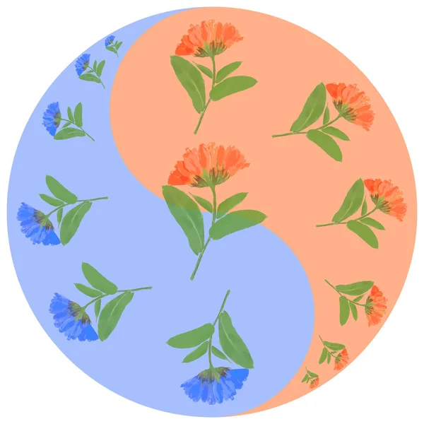 Floral symbol Yin-Yang. Marigold, calendula officinalis. Geometric pattern of Yin-Yang symbol, from flowers in Oriental style. Yin Yang symbol from flowers, petals. Flower illustration of mandala.