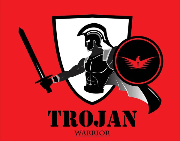 Vektor Illustration Spartan Trojan Krigare Håller Sköld Och Svärd Över — Stock vektor