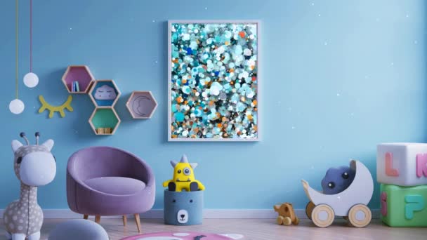 Interior Una Habitación Infantil Tonos Azules Con Una Pantalla Pared — Vídeos de Stock