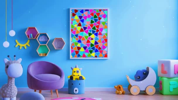 壁にトリアンとスクリーンがある青い色調の子供部屋のインテリア — ストック動画