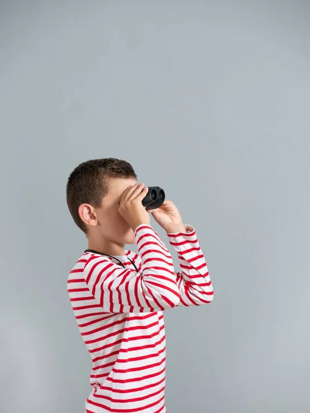Year Old Boy Wearing Casual Clothes Looking Some Binoculars — Stock Photo, Image